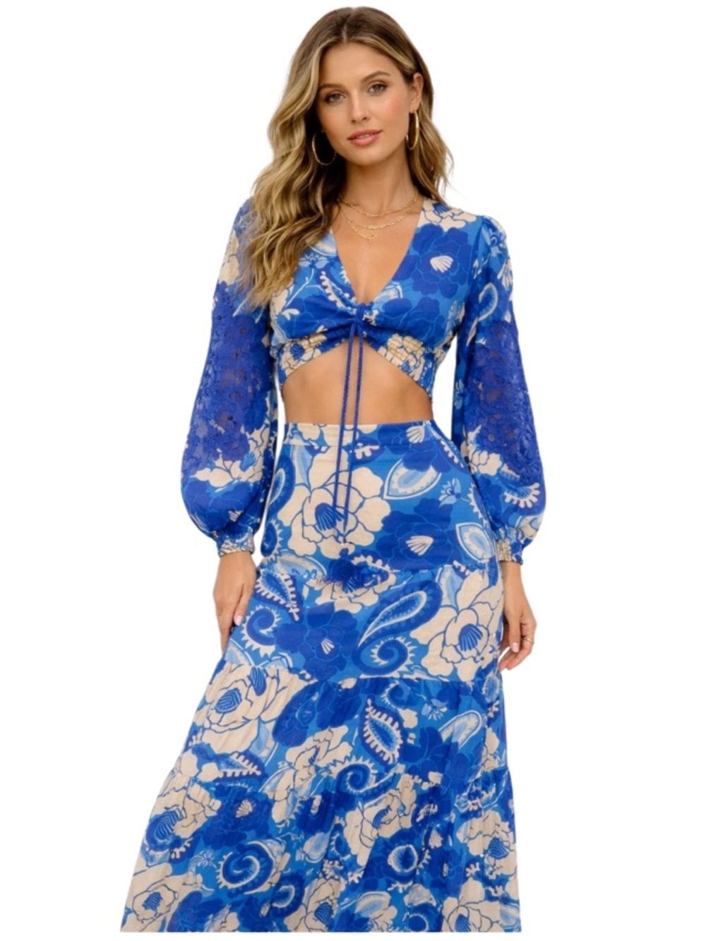 House of Harlow 1960 Blue Cream Floral Linen Blend 2 Piece Skirt Set